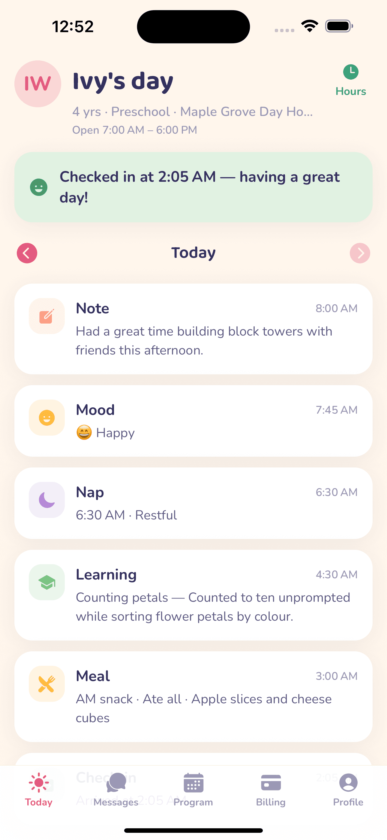 Nestlings parent app showing a child's Today feed with check-in, notes, mood, nap and meal entries