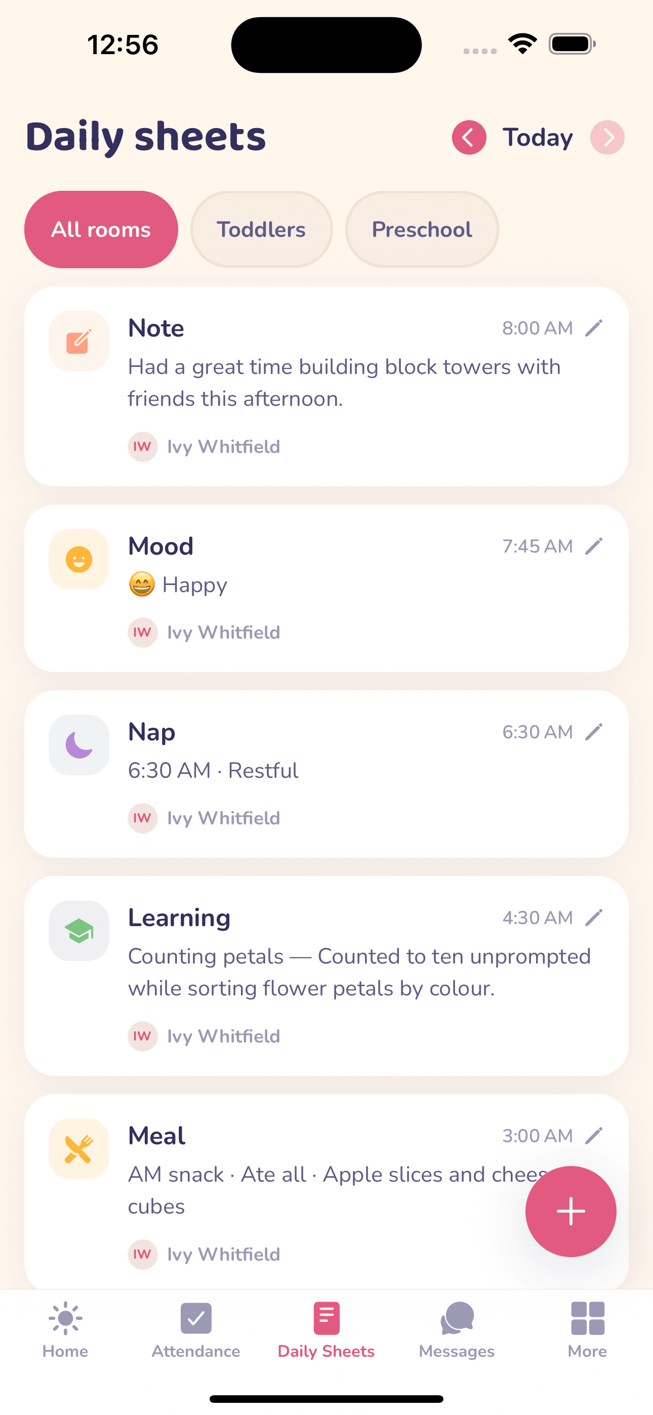 Nestlings educator app showing the Daily Sheets feed with logged notes, mood, nap and meal entries